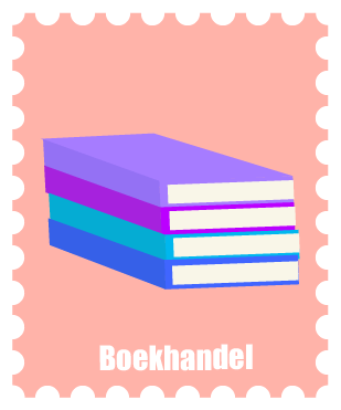 Een postzegel met daarop een stapel met gekleurde boeken afgebeeld