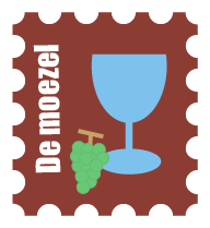 Een postzegel met daarop een wijnglas en druiven afgebeeld