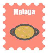 Een postzegel met daar een paellapan op en het woord malaga