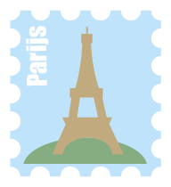 een abstracte postzegel met daarop de Eifeltoren