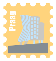 Een postzegel met daarop een een minimalistisch beeld van de dansende huis in Praag.